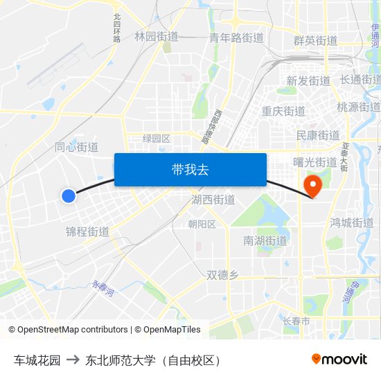车城花园 to 东北师范大学（自由校区） map