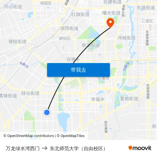 万龙绿水湾西门 to 东北师范大学（自由校区） map
