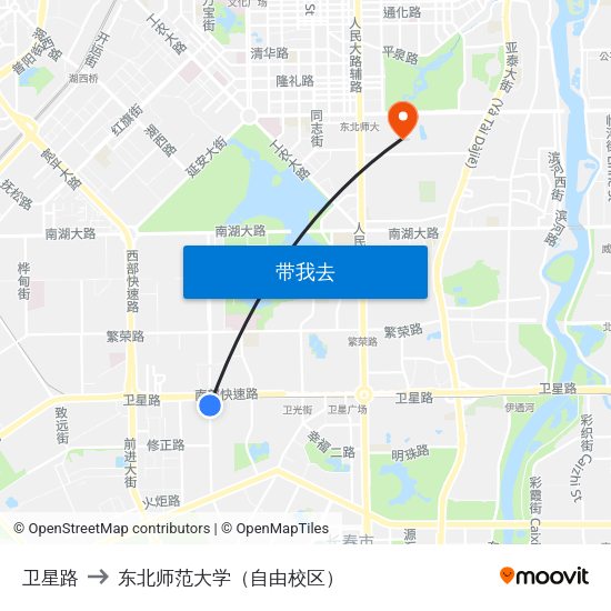 卫星路 to 东北师范大学（自由校区） map