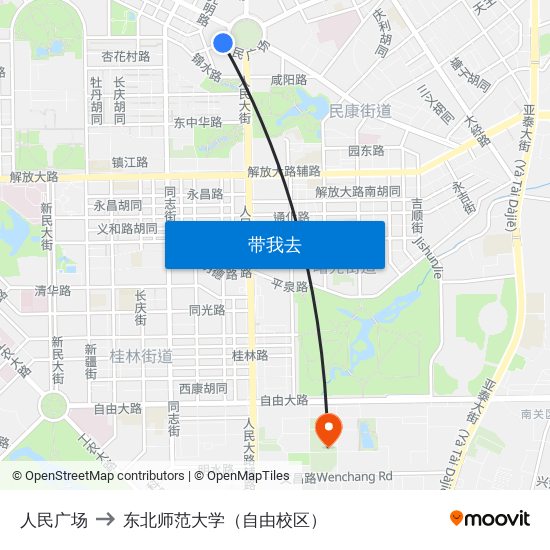 人民广场 to 东北师范大学（自由校区） map