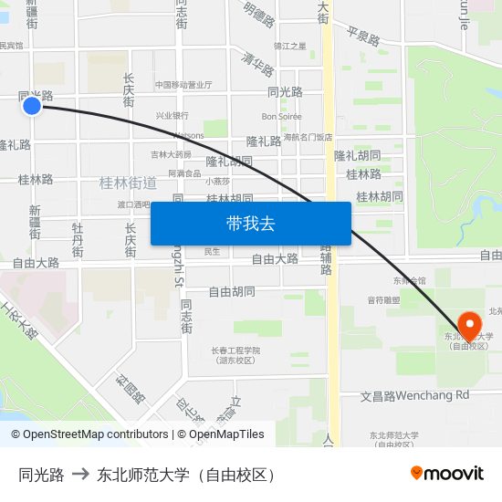 同光路 to 东北师范大学（自由校区） map