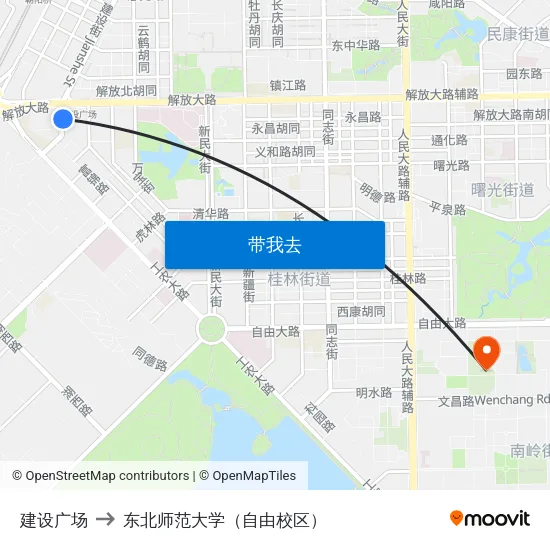 建设广场 to 东北师范大学（自由校区） map
