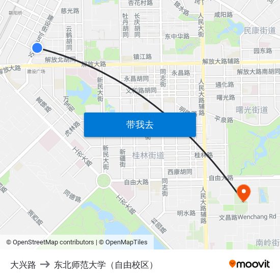 大兴路 to 东北师范大学（自由校区） map