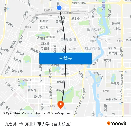 九台路 to 东北师范大学（自由校区） map