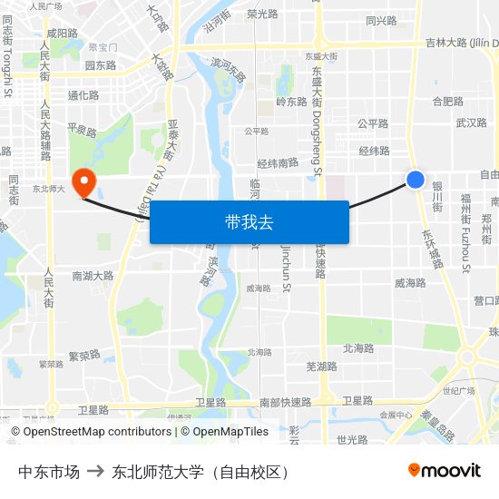 中东市场 to 东北师范大学（自由校区） map