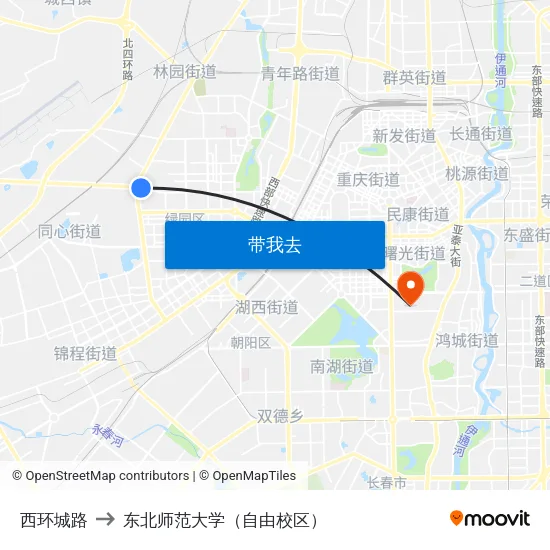 西环城路 to 东北师范大学（自由校区） map