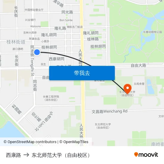 西康路 to 东北师范大学（自由校区） map