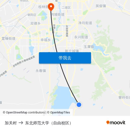 加关村 to 东北师范大学（自由校区） map