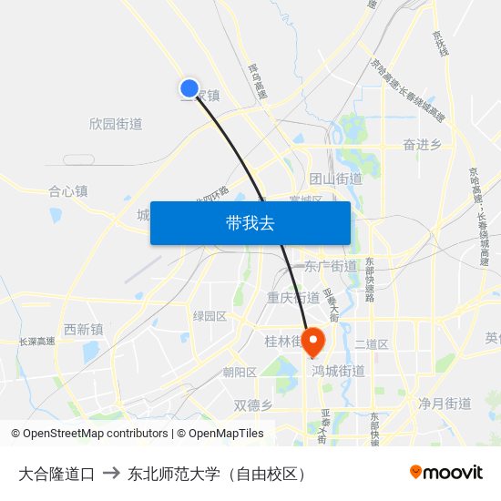 大合隆道口 to 东北师范大学（自由校区） map