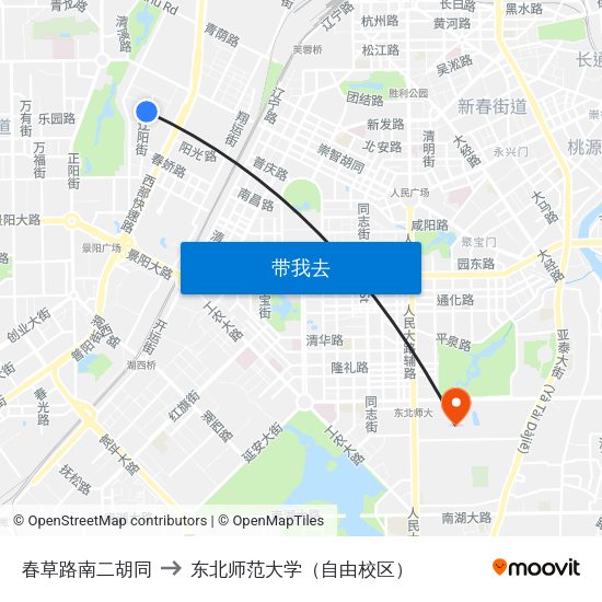 春草路南二胡同 to 东北师范大学（自由校区） map