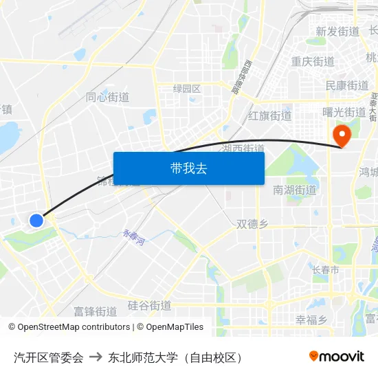 汽开区管委会 to 东北师范大学（自由校区） map