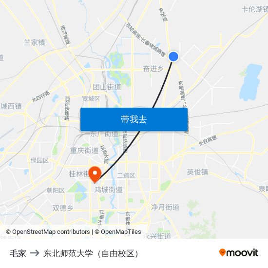 毛家 to 东北师范大学（自由校区） map