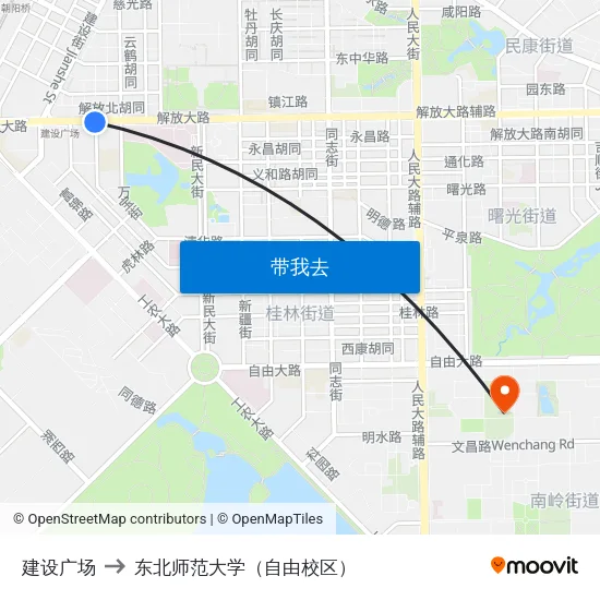 建设广场 to 东北师范大学（自由校区） map