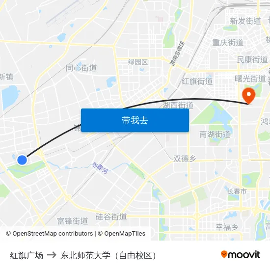 红旗广场 to 东北师范大学（自由校区） map