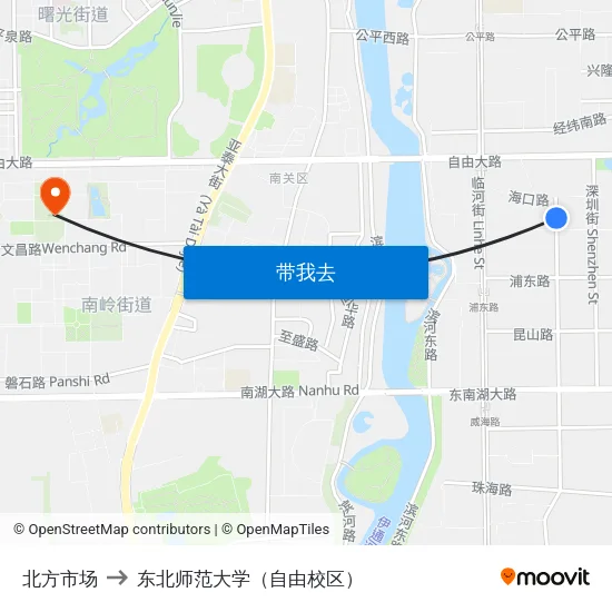 北方市场 to 东北师范大学（自由校区） map