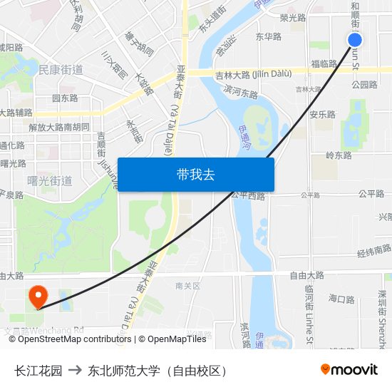 长江花园 to 东北师范大学（自由校区） map