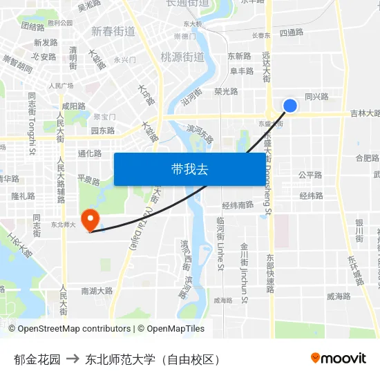 郁金花园 to 东北师范大学（自由校区） map