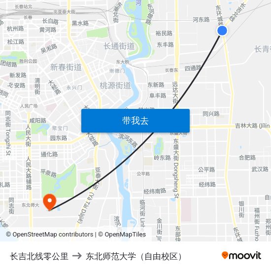 长吉北线零公里 to 东北师范大学（自由校区） map