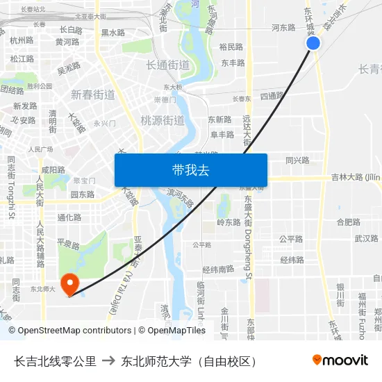 长吉北线零公里 to 东北师范大学（自由校区） map