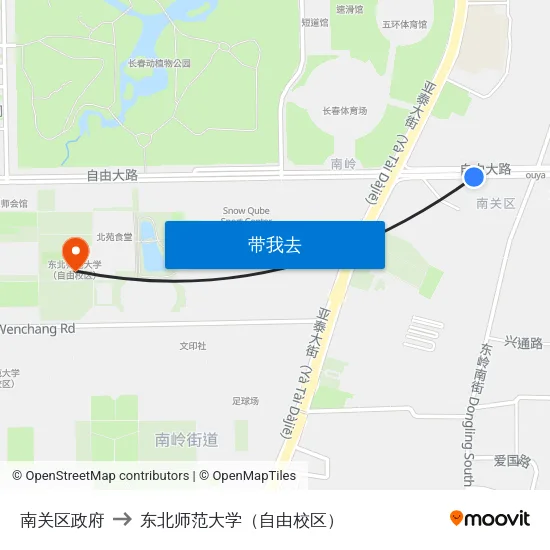 南关区政府 to 东北师范大学（自由校区） map