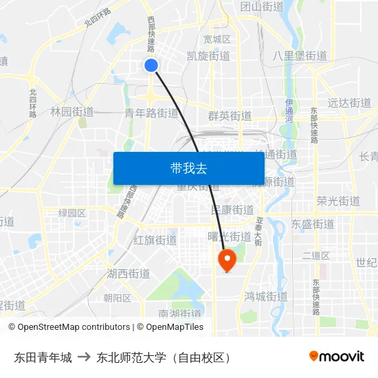 东田青年城 to 东北师范大学（自由校区） map