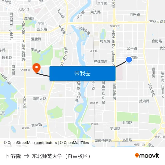 恒客隆 to 东北师范大学（自由校区） map