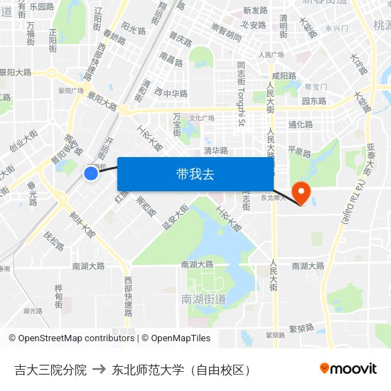 吉大三院分院 to 东北师范大学（自由校区） map
