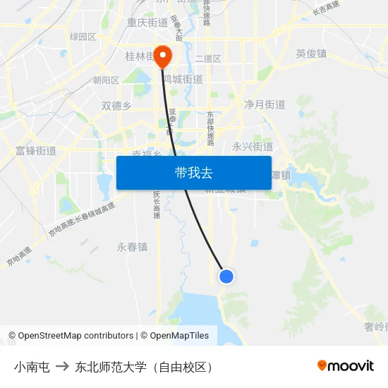 小南屯 to 东北师范大学（自由校区） map