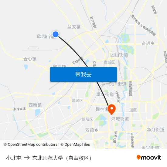 小北屯 to 东北师范大学（自由校区） map