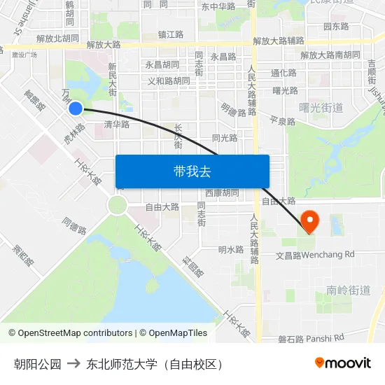 朝阳公园 to 东北师范大学（自由校区） map