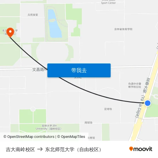 吉大南岭校区 to 东北师范大学（自由校区） map