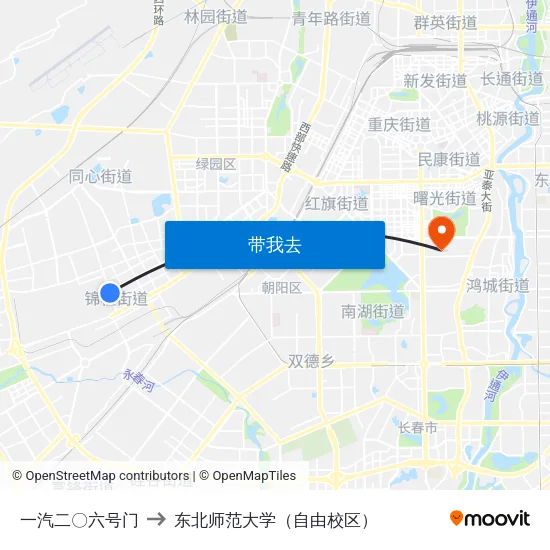 一汽二〇六号门 to 东北师范大学（自由校区） map