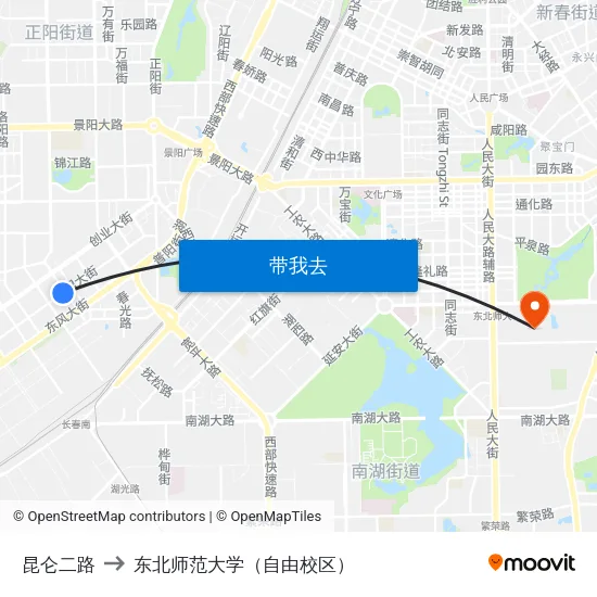 昆仑二路 to 东北师范大学（自由校区） map