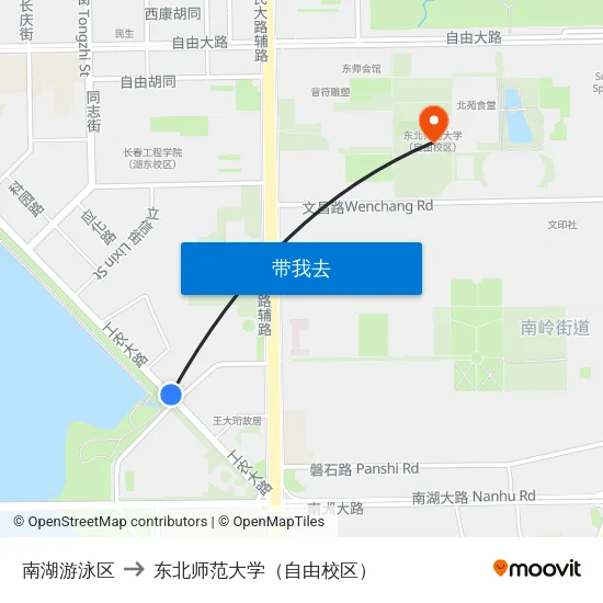 南湖游泳区 to 东北师范大学（自由校区） map