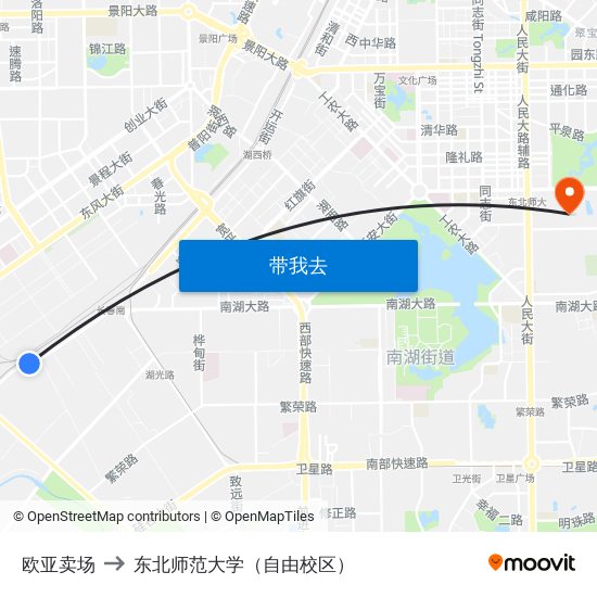 欧亚卖场 to 东北师范大学（自由校区） map