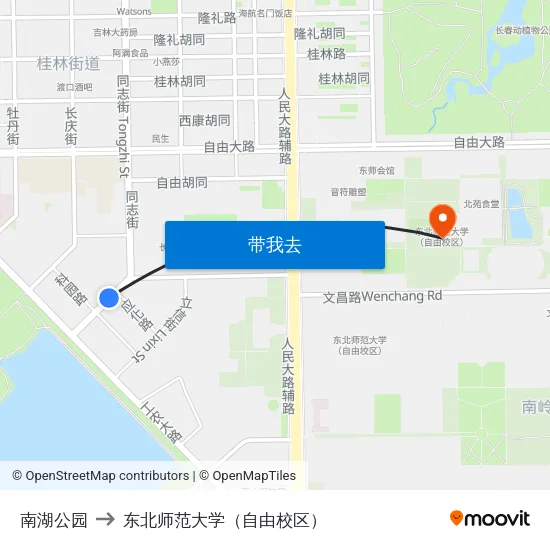 南湖公园 to 东北师范大学（自由校区） map