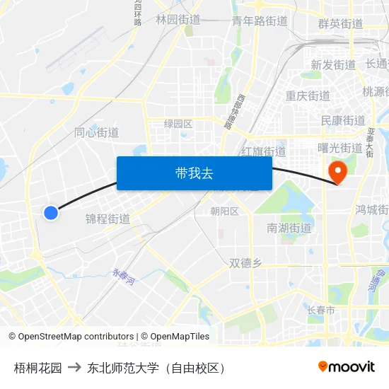 梧桐花园 to 东北师范大学（自由校区） map