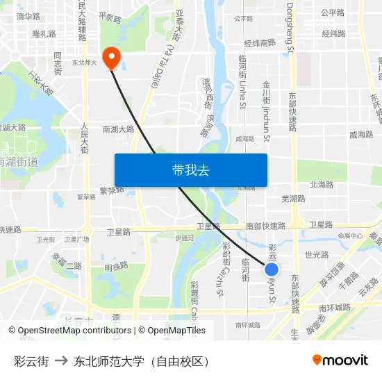 彩云街 to 东北师范大学（自由校区） map
