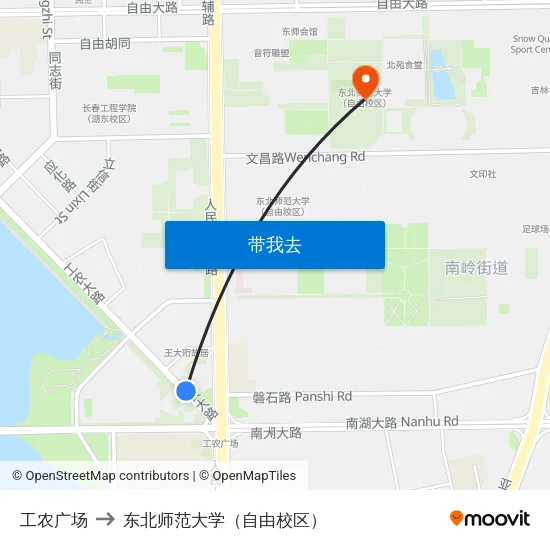 工农广场 to 东北师范大学（自由校区） map
