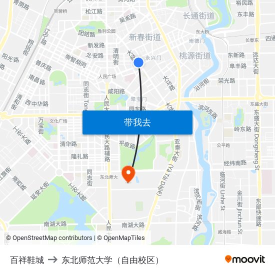 百祥鞋城 to 东北师范大学（自由校区） map