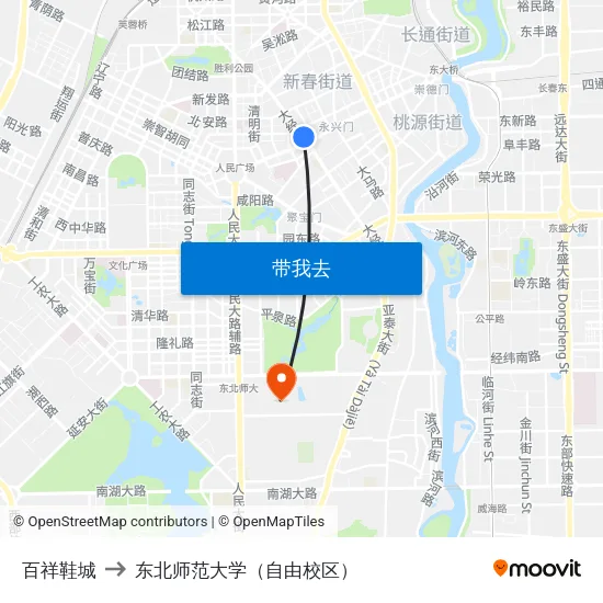 百祥鞋城 to 东北师范大学（自由校区） map