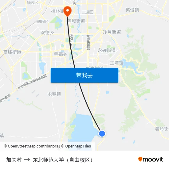 加关村 to 东北师范大学（自由校区） map