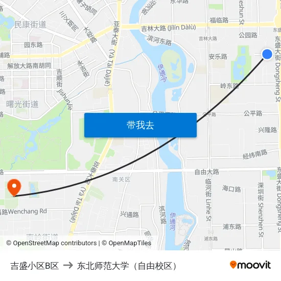 吉盛小区B区 to 东北师范大学（自由校区） map