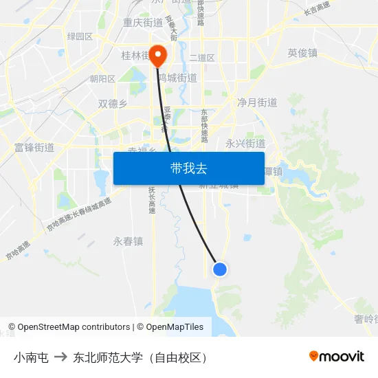 小南屯 to 东北师范大学（自由校区） map
