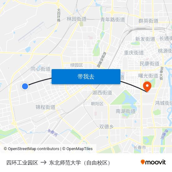 四环工业园区 to 东北师范大学（自由校区） map