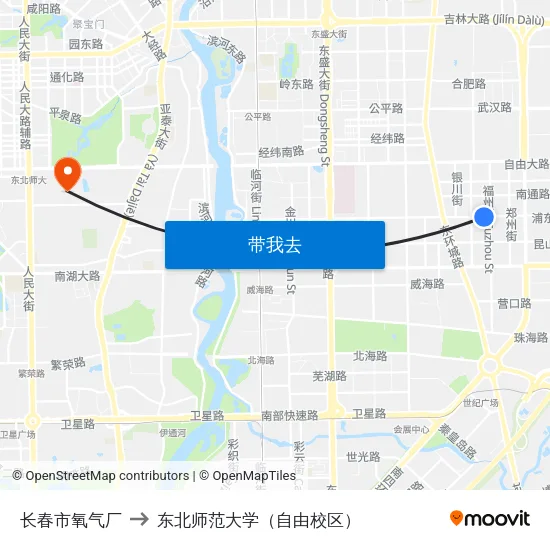 长春市氧气厂 to 东北师范大学（自由校区） map