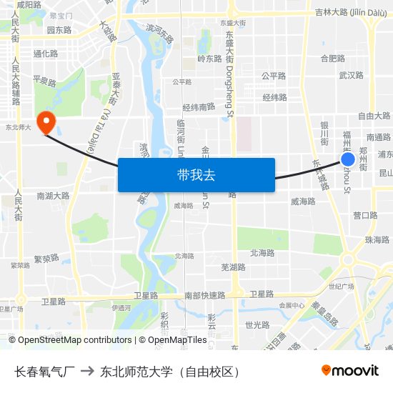 长春氧气厂 to 东北师范大学（自由校区） map