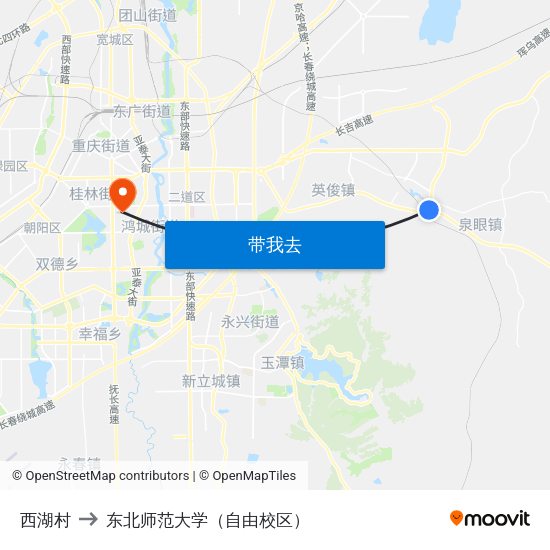 西湖村 to 东北师范大学（自由校区） map
