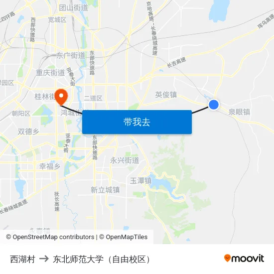 西湖村 to 东北师范大学（自由校区） map