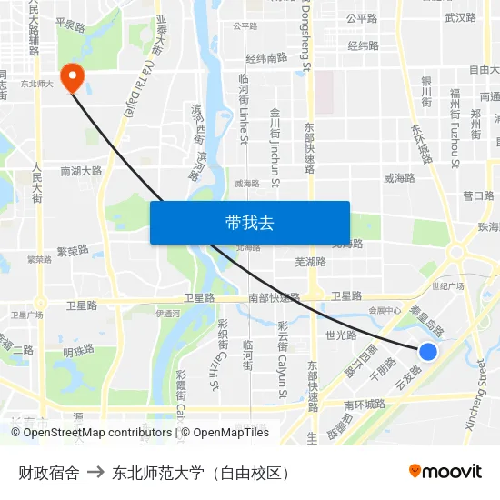 财政宿舍 to 东北师范大学（自由校区） map